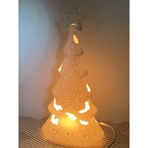 1960’s Vintage White Pierced Christmas Tree Village Decoration 11.5”